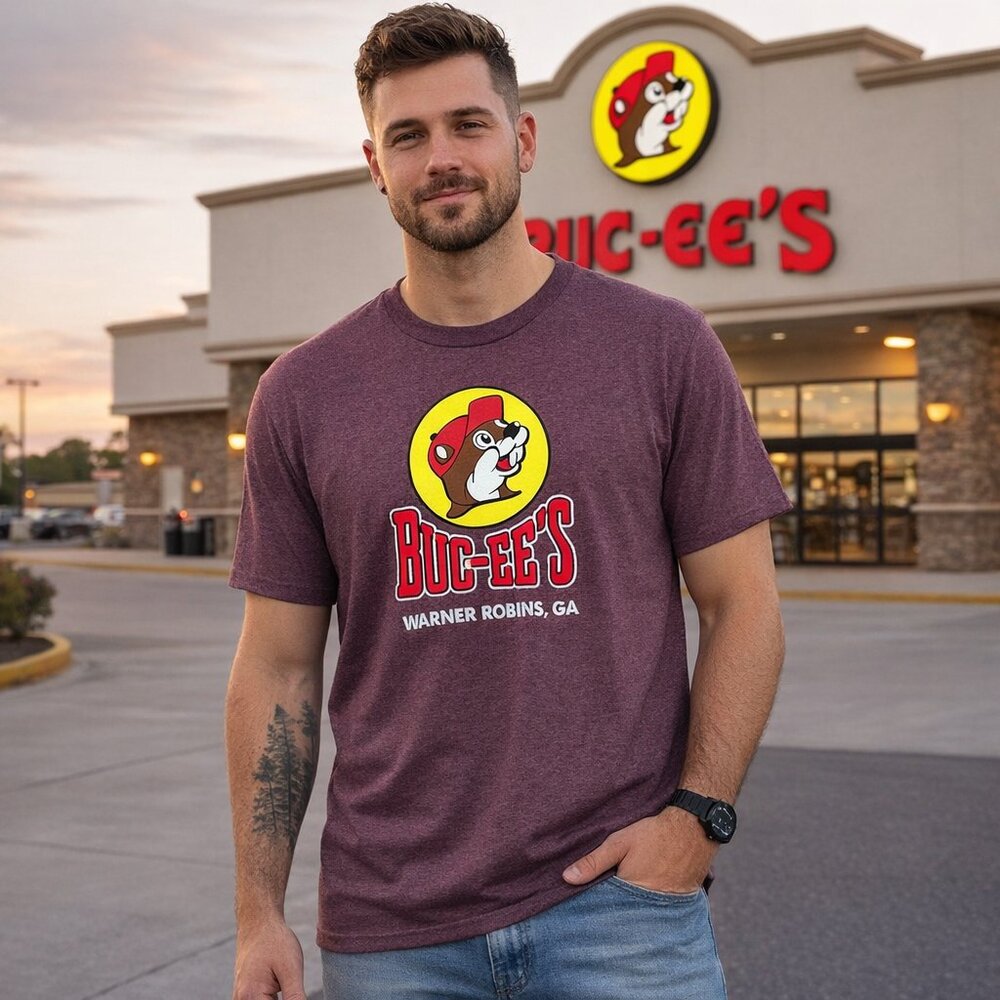 Buc-ee's Men's Large L Red Heather Warner Robins,‎ GA Graphic Tee T-Shirt Shirt
